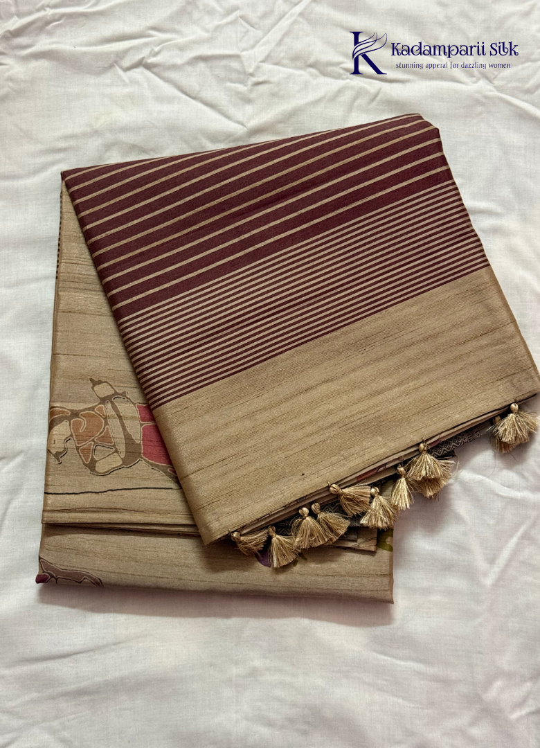 Soft Tussar Silk Saree with Striped Pallu, Abstract Printed Body & Tassels