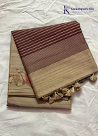 Soft Tussar Silk Saree with Striped Pallu, Abstract Printed Body & Tassels