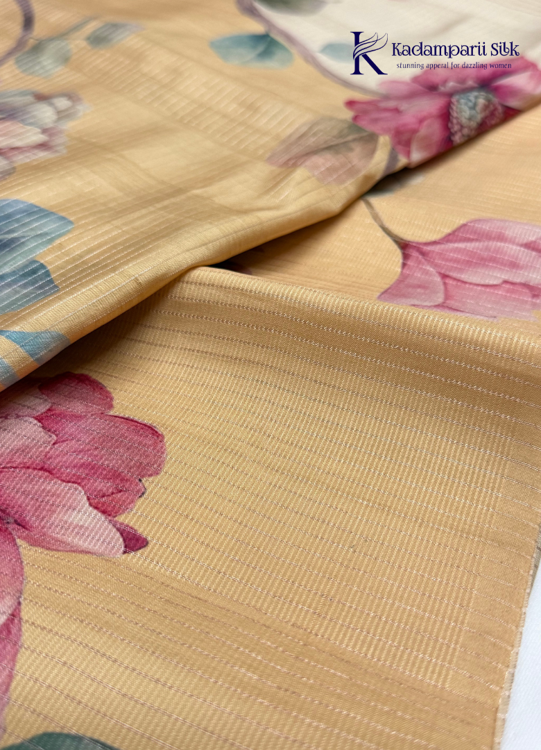Pastel Bloom Cream & Coral Pink Floral Organza Silk Saree with Zari Stripes