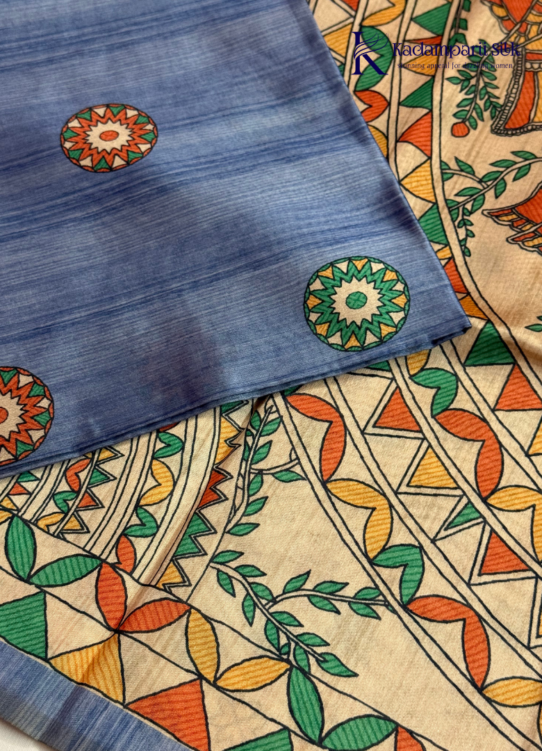 Blue Body with Beige Printed Pallu Semi Tussar Silk Saree