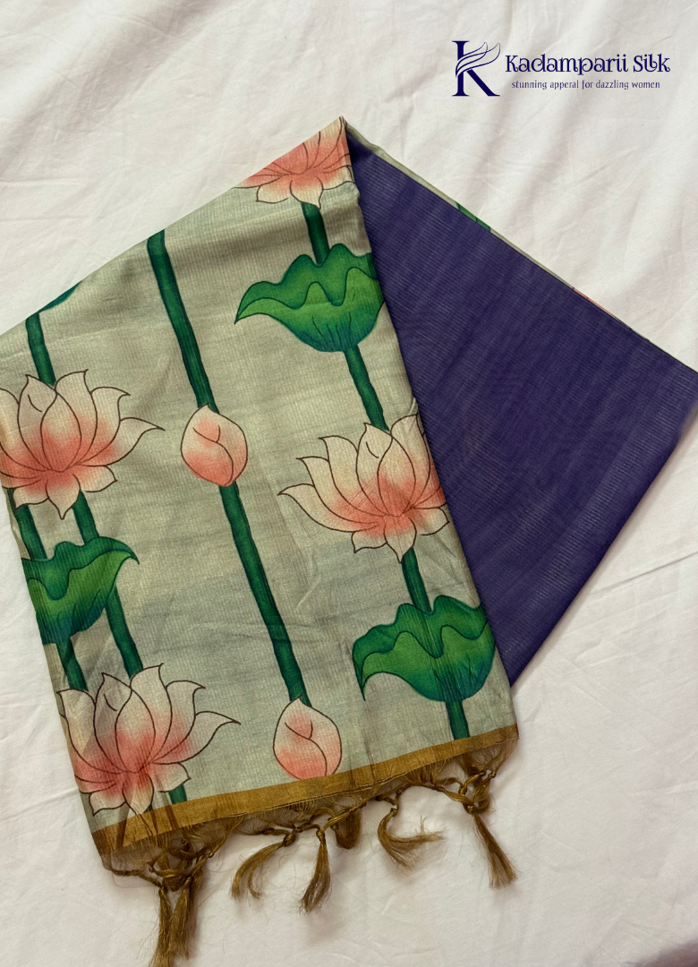 Semi Tussar Silk Saree with Lotus Floral Print and Plain Purple Pallu
