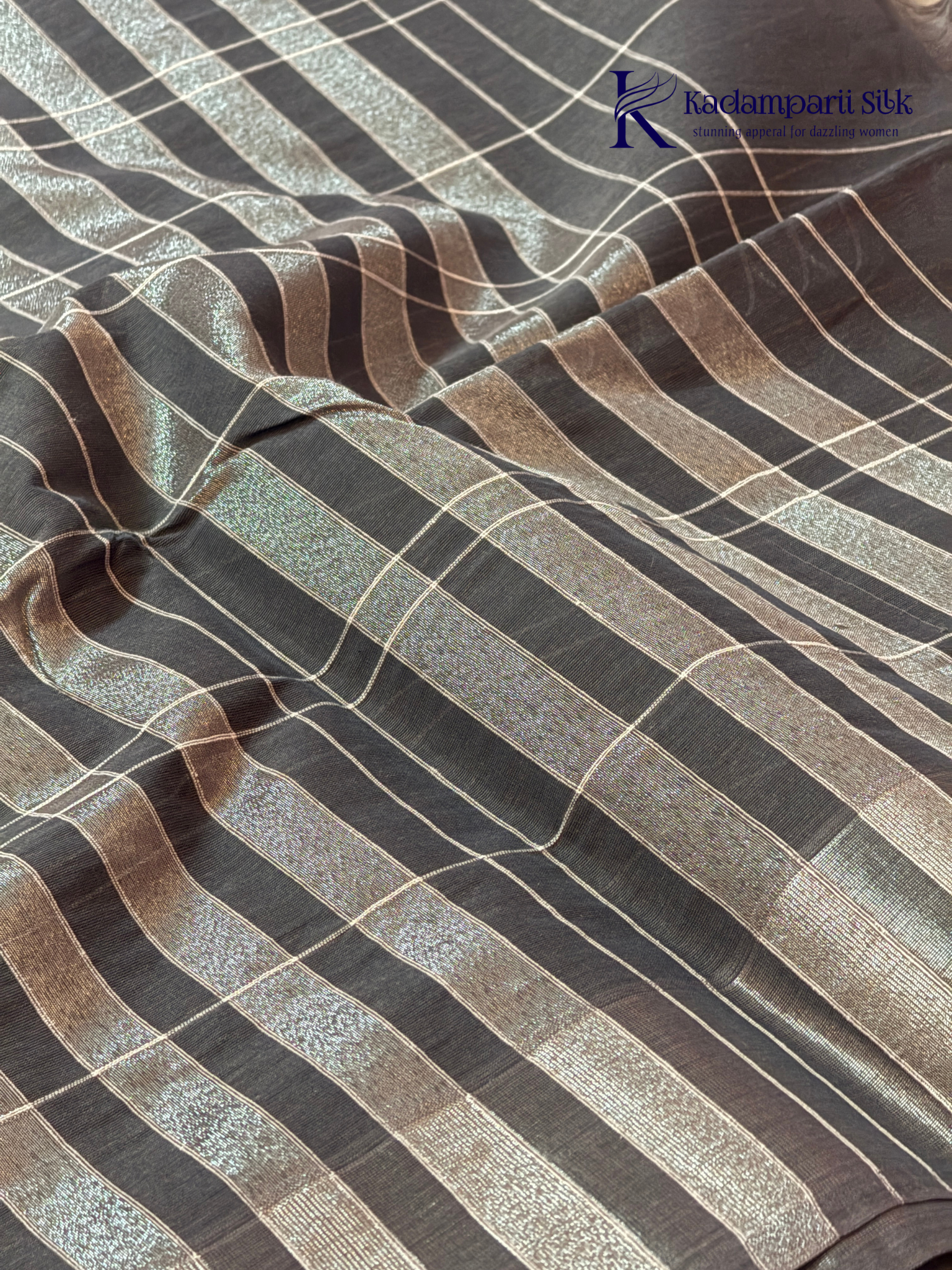 Charcoal grey pure handloom cotton saree with woven stripe and check pattern by Kadamparii Silk.