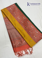 Royal Avian Canvas Golden Ochre & Terracotta Kalamkari Silk Saree