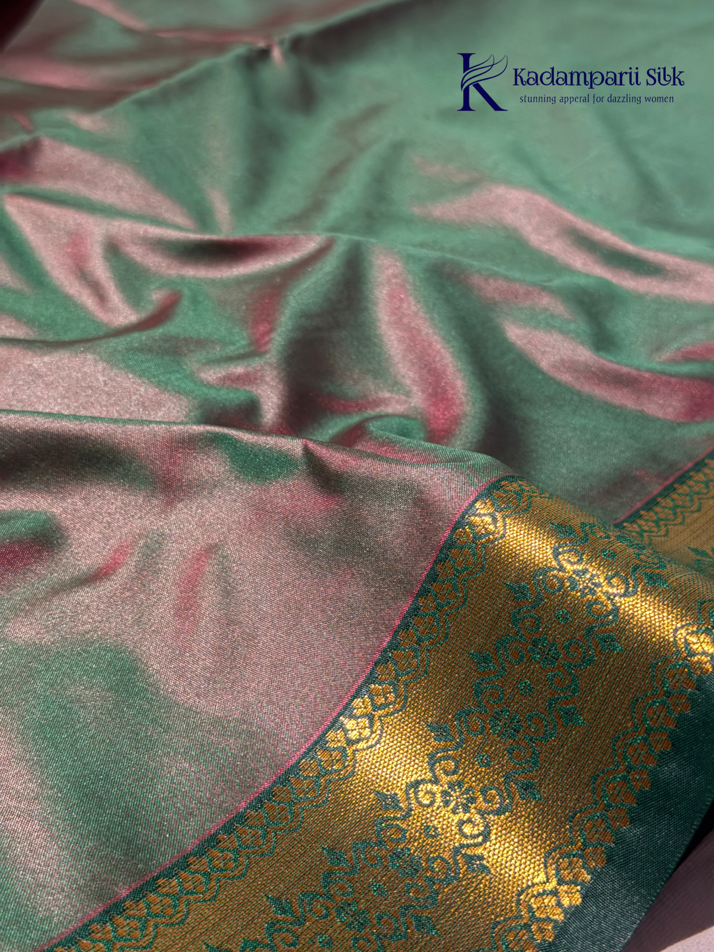 Kadamparii Silk magenta and olive green semi soft silk saree with intricate gold zari weaving, traditional motifs, rich contrast pallu, elegant border, and tassel detailing.