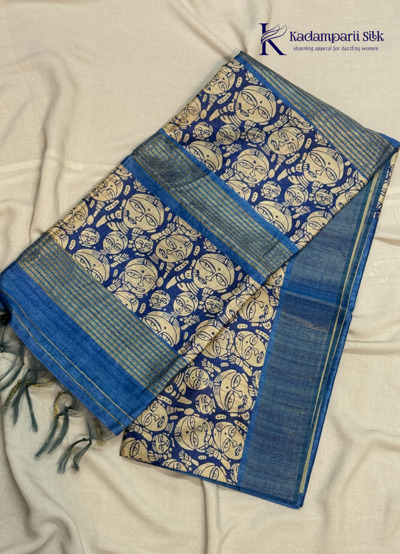 Soft Tussar Silk Saree with Plain Body & Artistic Tribal Print Border and Pallu