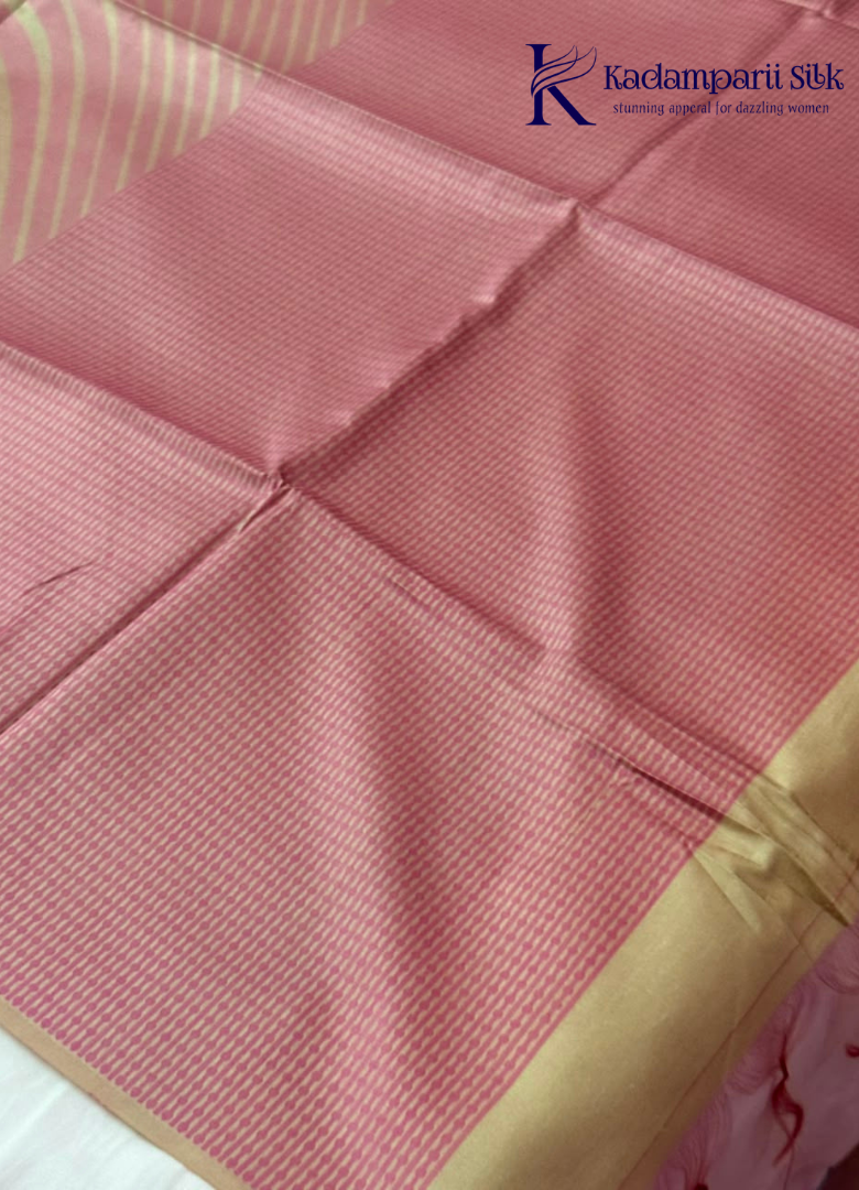 Kadamparii Silk rose pink semi raw silk saree with striped design and contrast border, displayed on a white background.