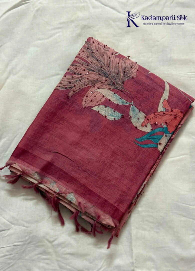 Soft Tussar Silk Saree with Botanical Floral Print & Hand Bead Work | Kadamparii Silk