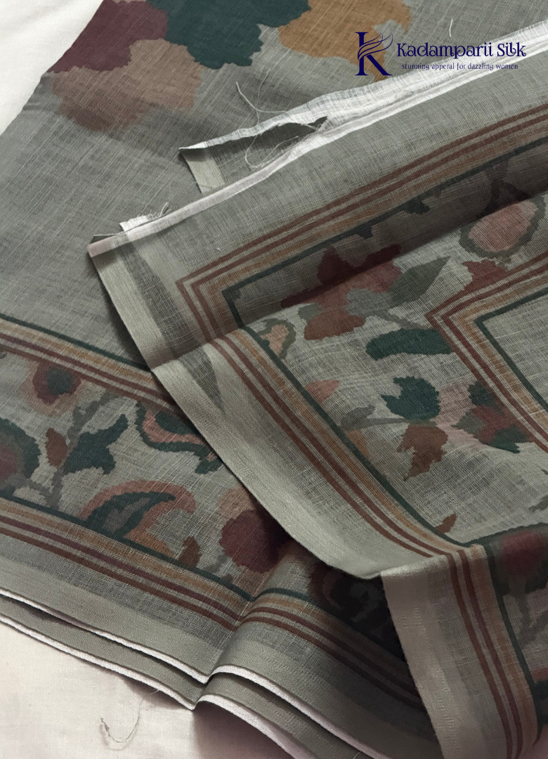 Sage Green Printed Salwar Material with Crochet Lace & Pearl Button Detailing