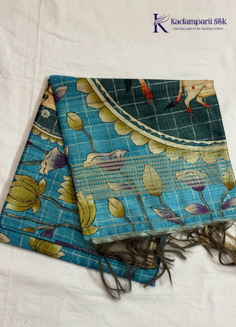 Ocean Blue & Teal Pichwai Cow & Lotus Saree