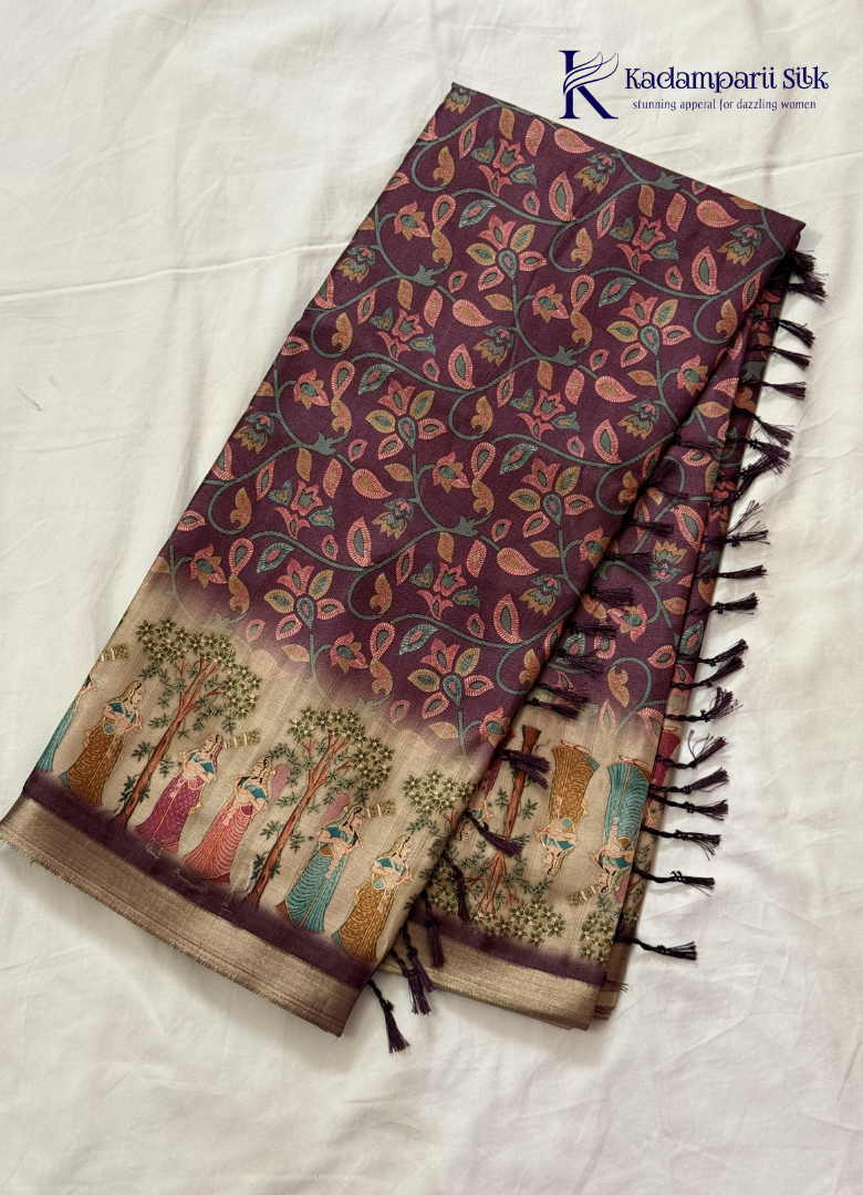Kadamparii Silk wine soft tussar silk saree with floral design and traditional printed border, displayed on a white background.
