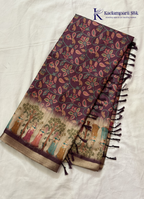 Kadamparii Silk wine soft tussar silk saree with floral design and traditional printed border, displayed on a white background.