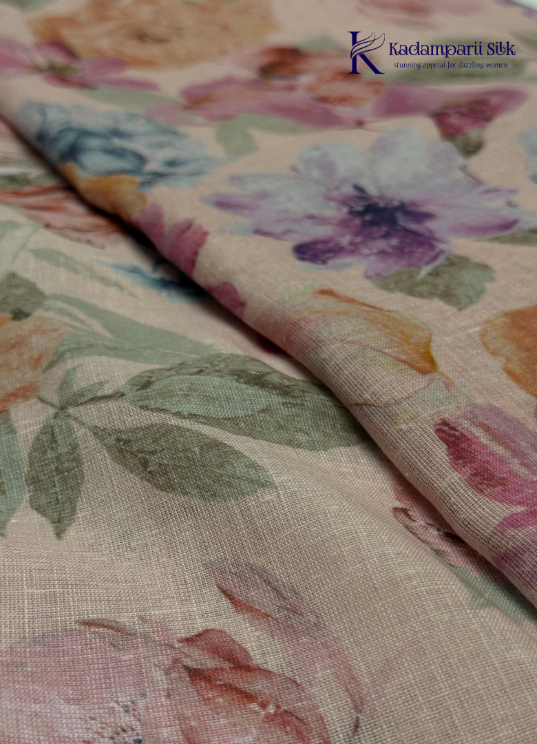 Vintage Romance Blush Pink & Lavender Floral Linen-Silk Saree
