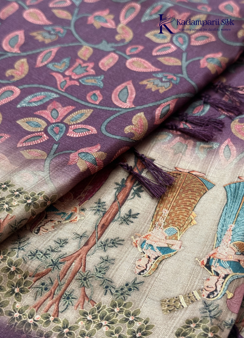 Kadamparii Silk wine soft tussar silk saree with floral design and traditional printed border, displayed on a white background.