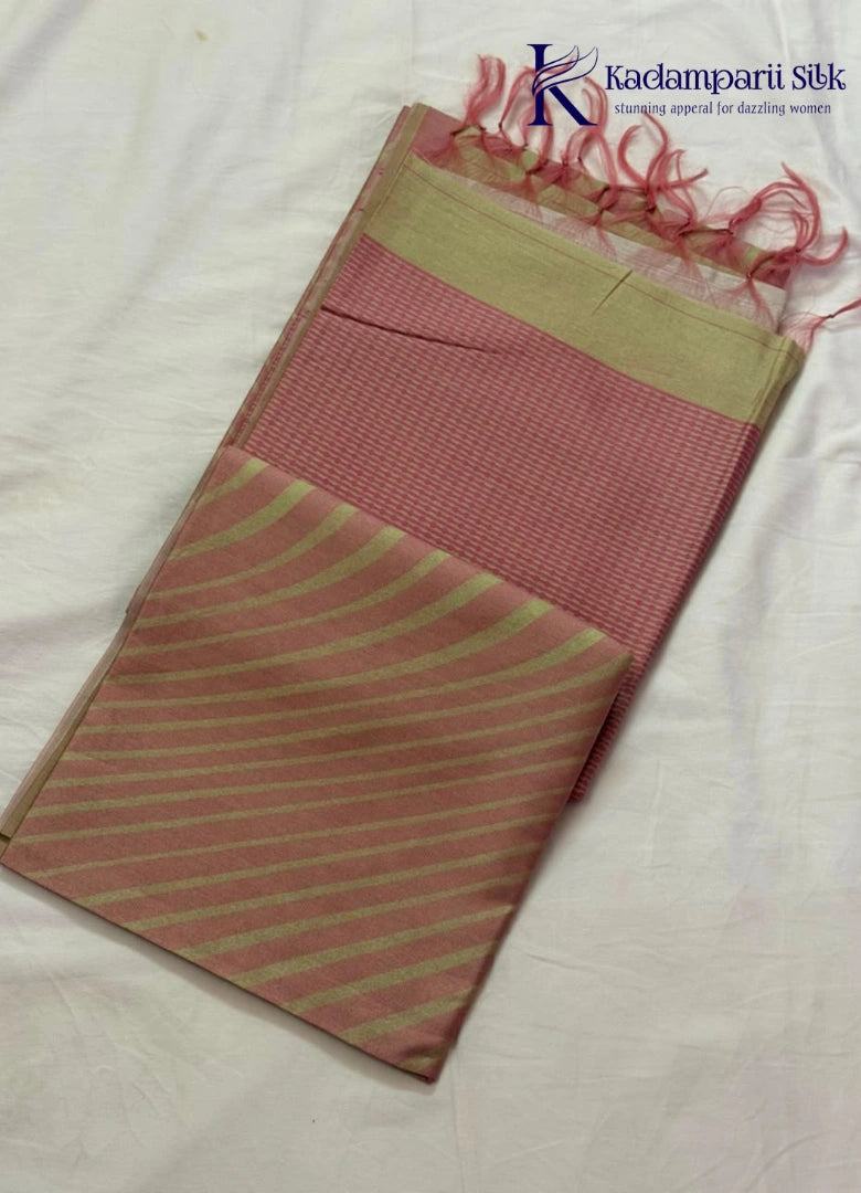 Kadamparii Silk rose pink semi raw silk saree with striped design and contrast border, displayed on a white background.