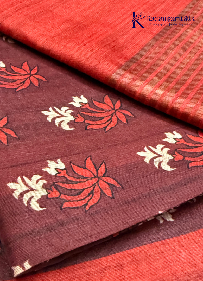 Crimson Heritage Deep Maroon & Crimson Red Floral Block Print Tussar  Silk Saree