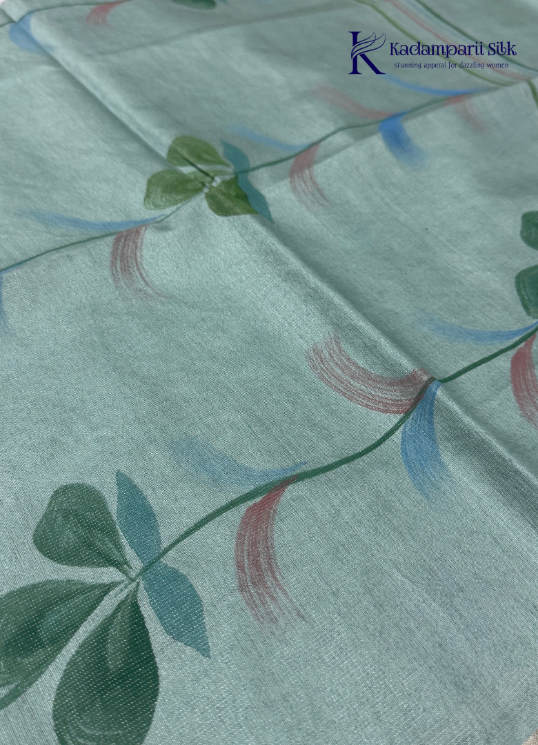 Woodland Whisper Seafoam Sage Green Painted Floral Linen-Silk Saree