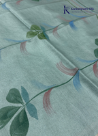 Woodland Whisper Seafoam Sage Green Painted Floral Linen-Silk Saree