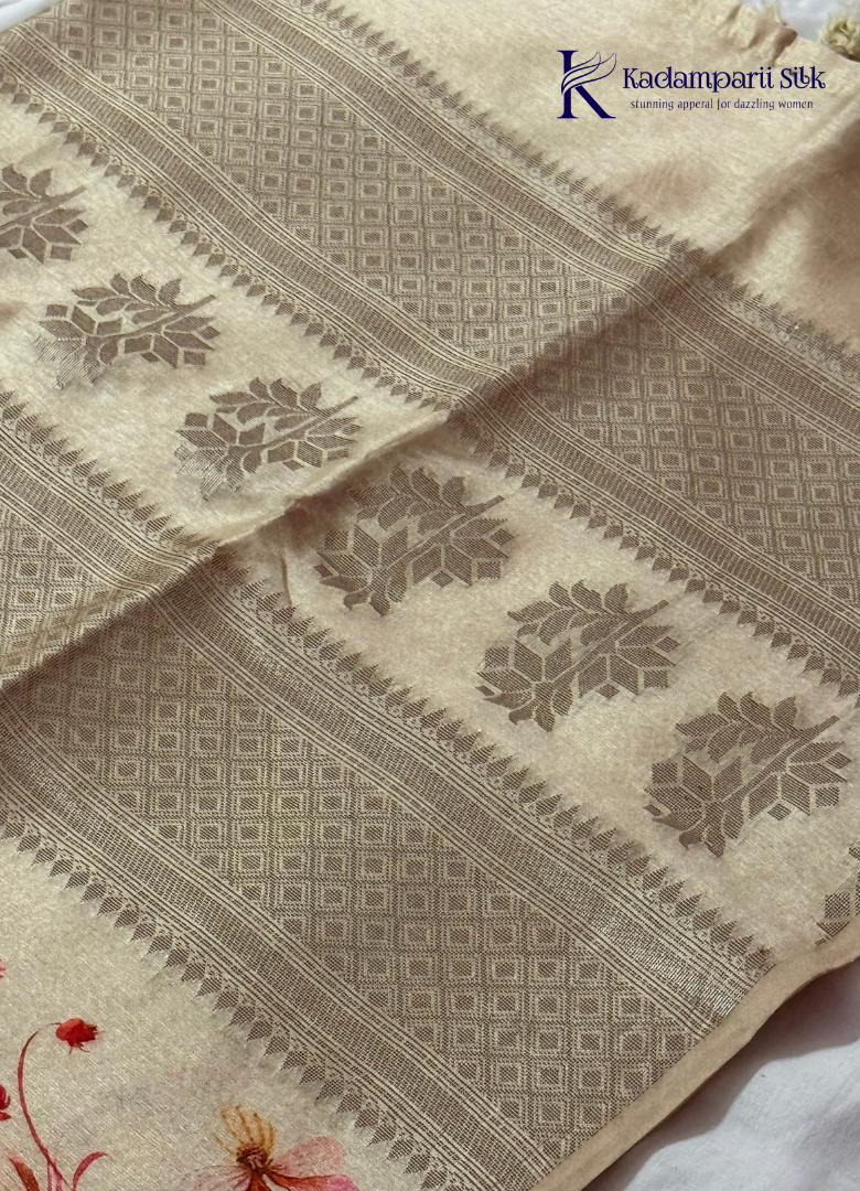 Beige Linen Silk Saree with Artistic Couple Print & Traditional Woven Border
