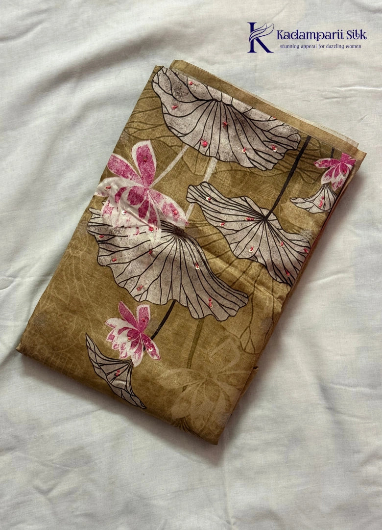 Olive Green Floral Printed Sequins Salwar Material with Lotus Leaf Design