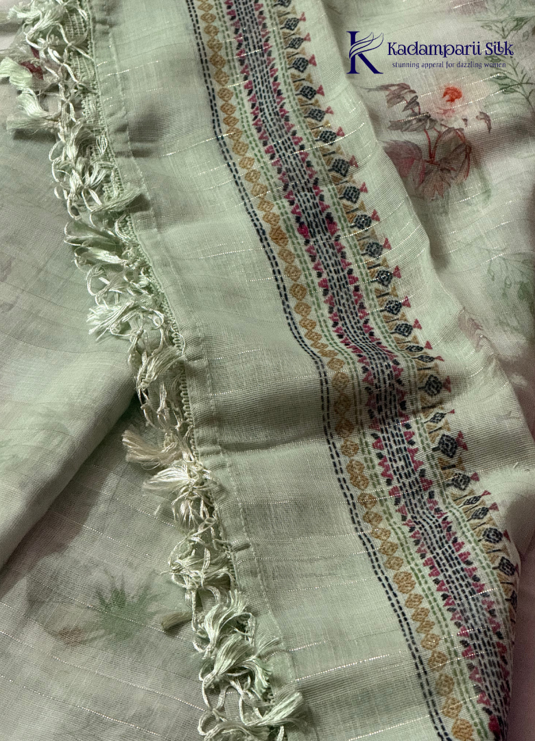 Mint Green Floral Printed Salwar Material with Elegant Striped Weave