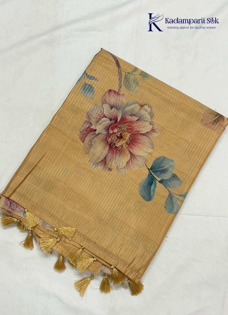 Pastel Bloom Cream & Coral Pink Floral Organza Silk Saree with Zari Stripes