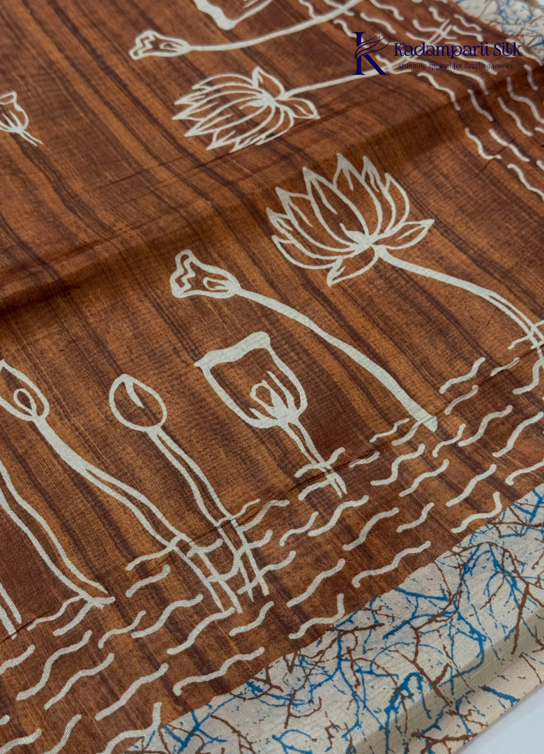 Semi Tussar Silk Saree with Handcrafted Lotus Print & Artistic Border