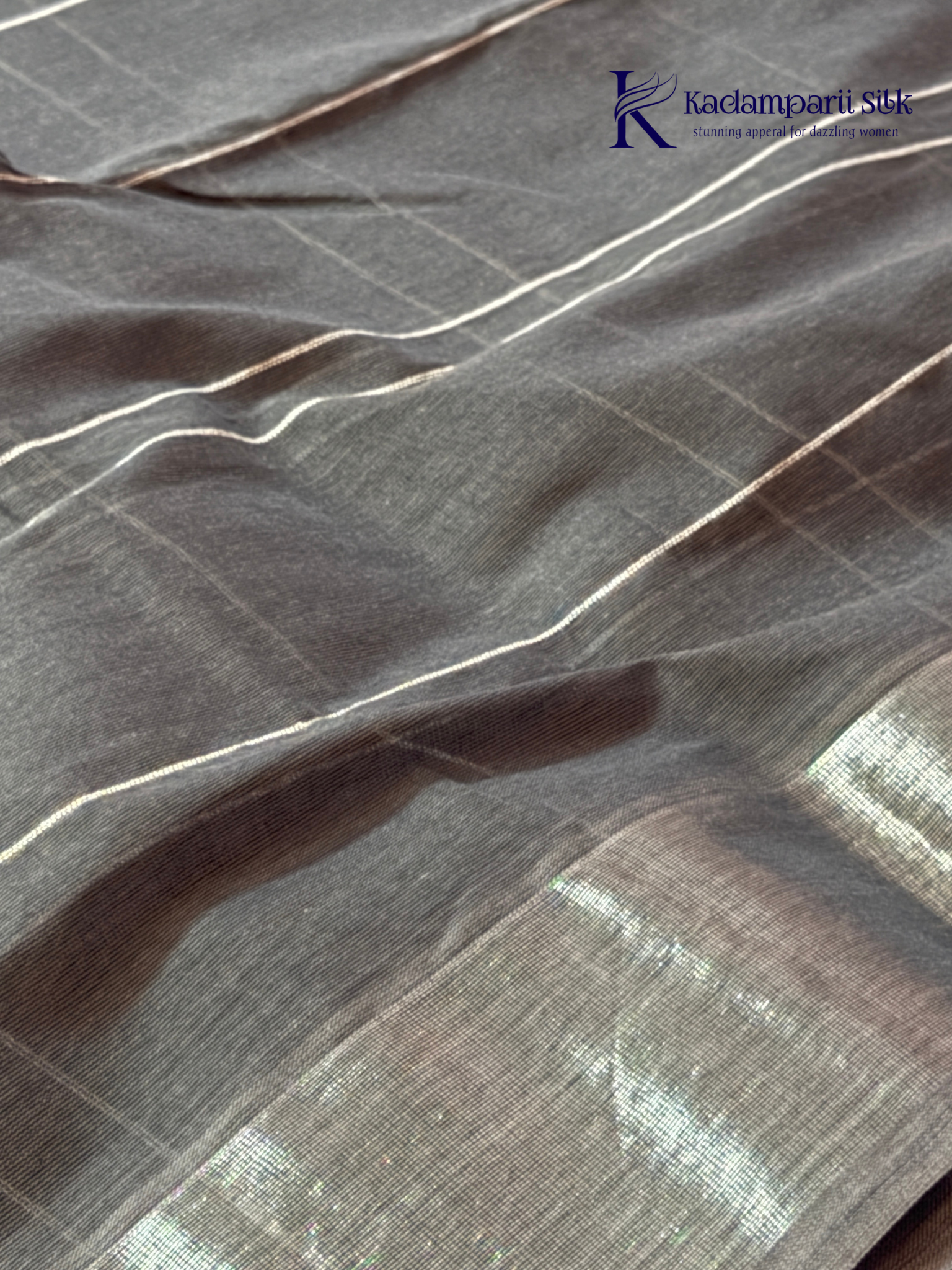 Charcoal grey pure handloom cotton saree with woven stripe and check pattern by Kadamparii Silk.