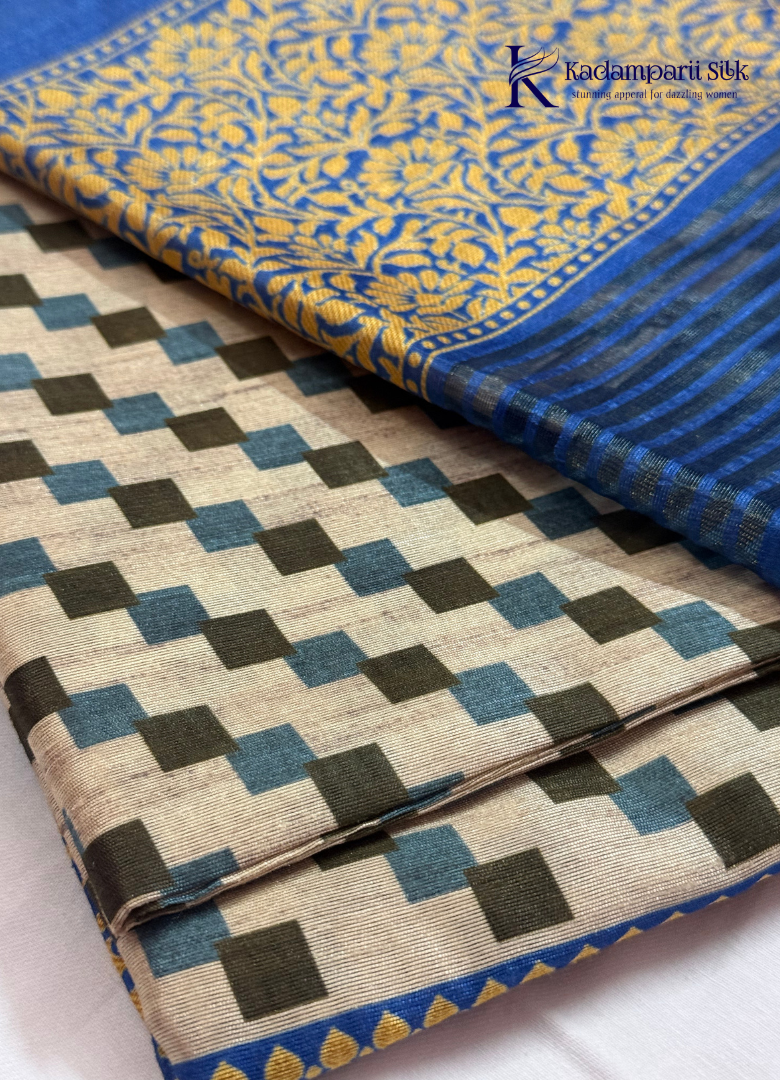 Cream & Royal Blue Geometric Weave Saree