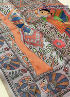 Kadamparii Silk light grey semi tussar silk saree with artistic printed mundhi and floral traditional motifs, displayed on a white background.