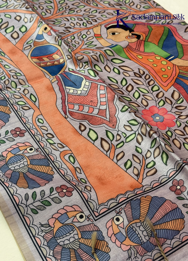 Kadamparii Silk light grey semi tussar silk saree with artistic printed mundhi and floral traditional motifs, displayed on a white background.
