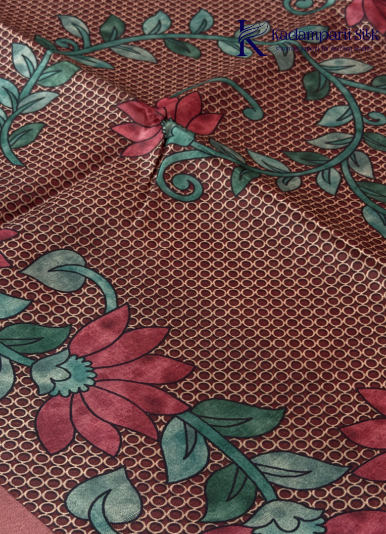 Kadamparii Silk rose pink semi tussar silk saree with floral printed mundhi and elegant border, displayed on a white background.