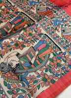 Coral Red Semi Tussar Silk Saree with Kalamkari-Inspired Fish & Floral Printed Pallu