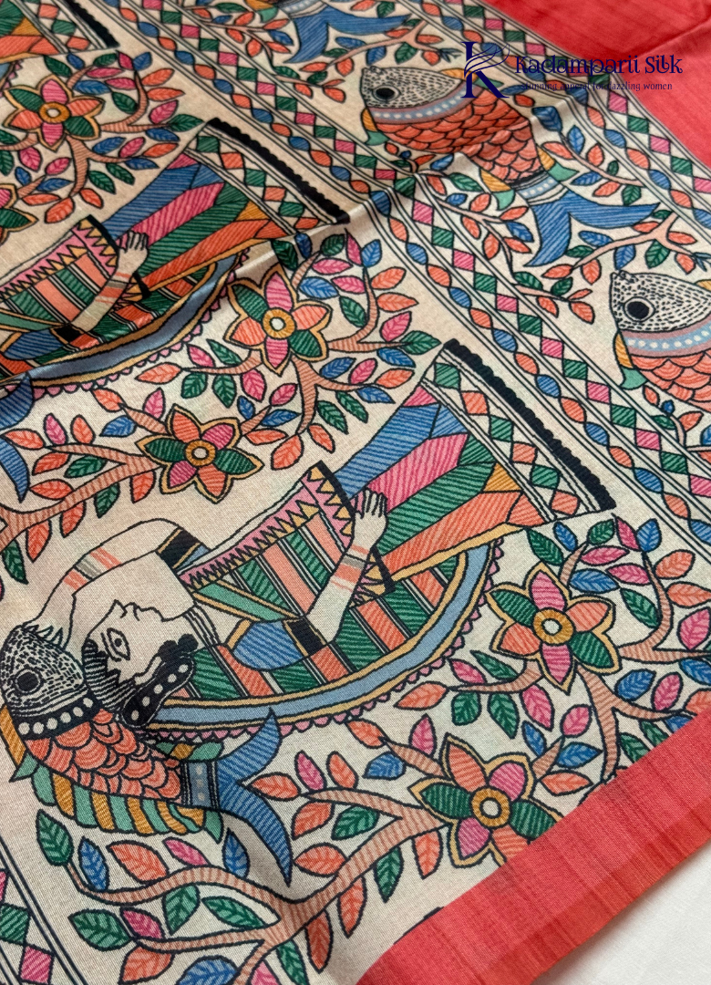 Coral Red Semi Tussar Silk Saree with Kalamkari-Inspired Fish & Floral Printed Pallu