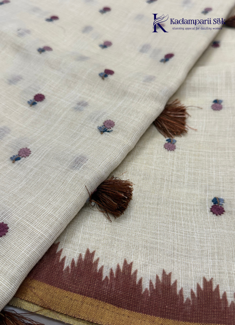 Jute with hand work Earthy Elegance Ivory & Chocolate Brown Booti  Saree with Temple Border