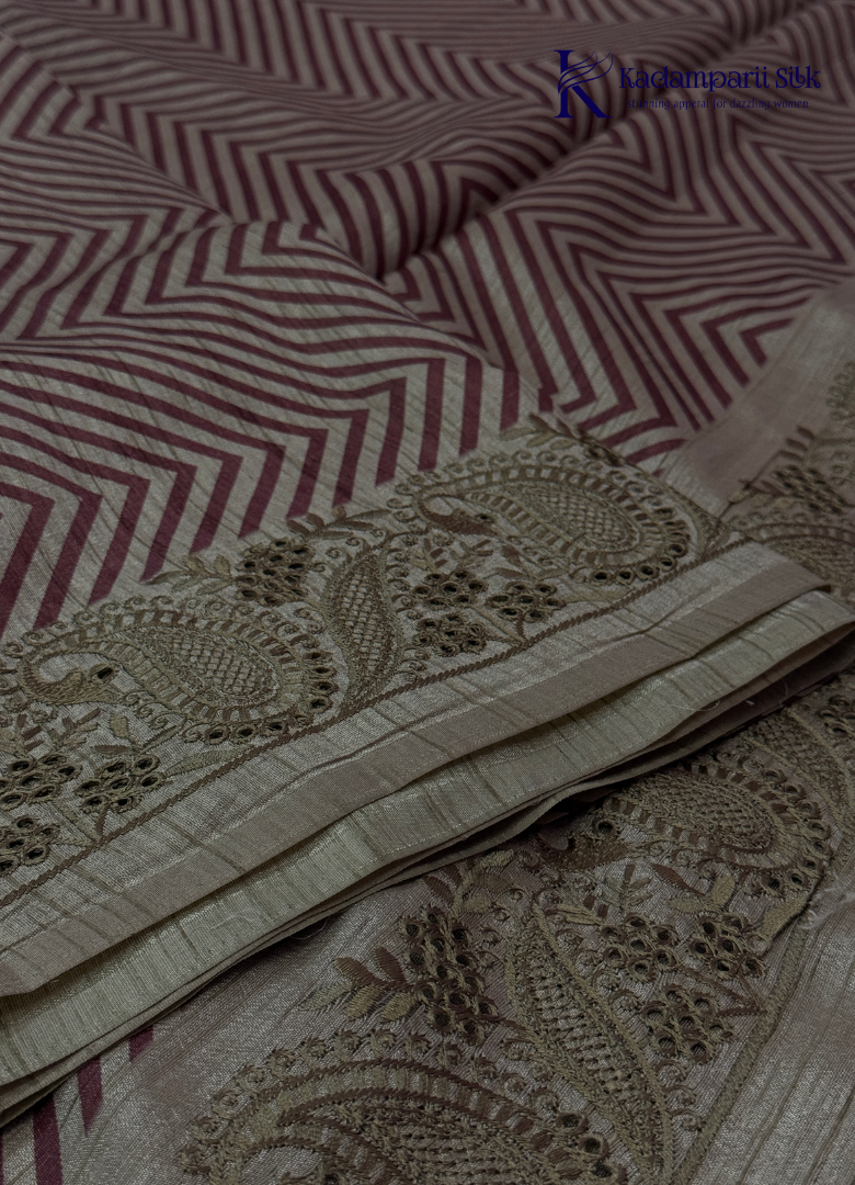Kadamparii Silk beige tussar silk saree with maroon chevron design and decorative border, displayed on a white background.