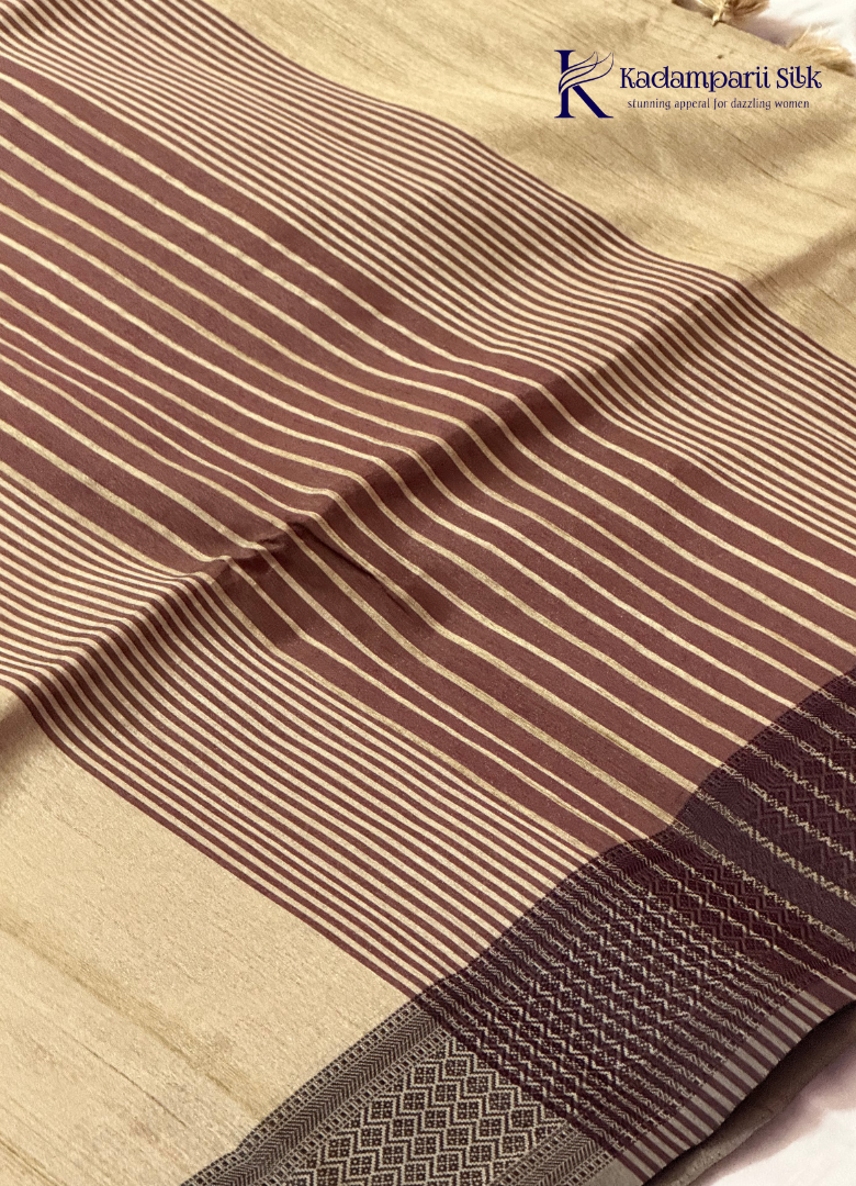 Soft Tussar Silk Saree with Striped Pallu, Abstract Printed Body & Tassels