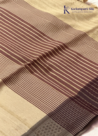 Soft Tussar Silk Saree with Striped Pallu, Abstract Printed Body & Tassels