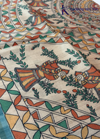 Kadamparii Silk green semi tussar silk saree with floral printed mundhi and multicolour border, displayed on a white background.