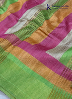 Drape yourself in this Soft Tussar Silk Saree, featuring a graceful botanical leaf print on a subtle beige body, complemented by a vibrant multicolor contrast border. Lightweight, elegant, and effortlessly stylish—perfect for every occasion.