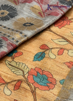 Heritage Canvas Sand Gold & Slate Grey Kalamkari Print Tussar Silk Saree