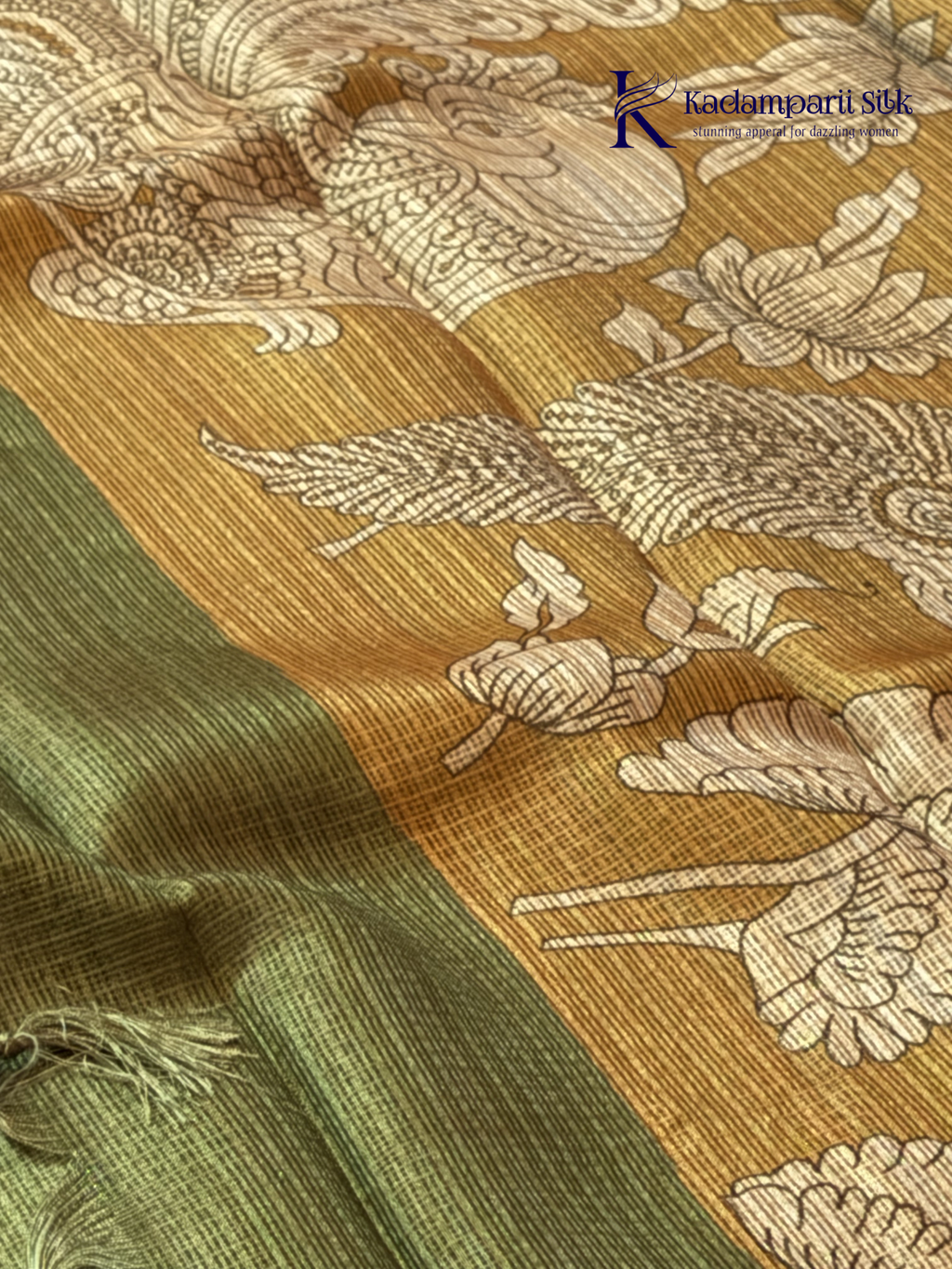 Mustard kota silk saree with floral Kalamkari print and contrast border by Kadamparii Silk.
