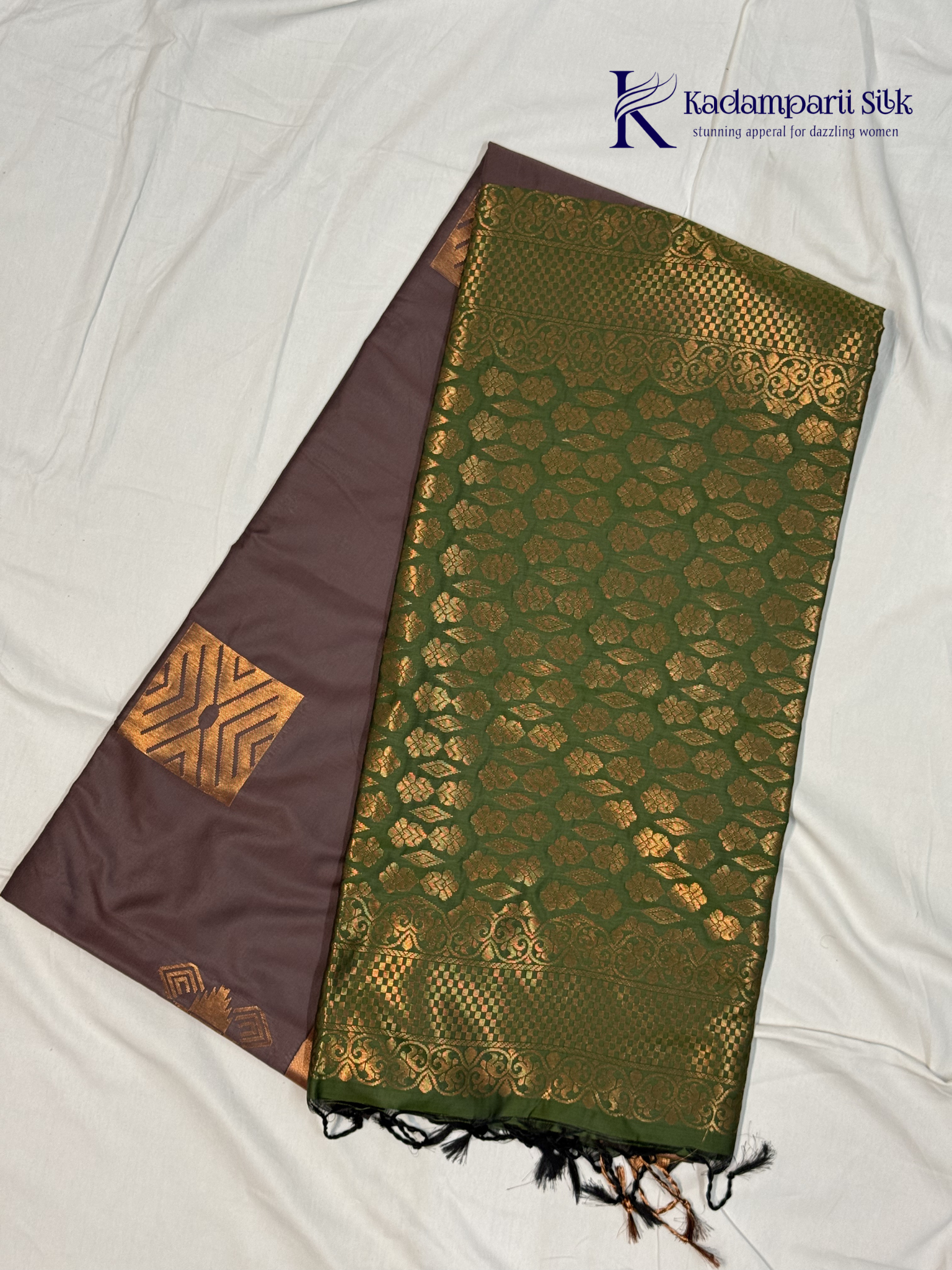 Kadamparii Silk taupe brown semi soft silk saree with olive green zari woven pallu, intricate checkered and floral vine motifs, copper gold zari border, elegant tassels, and traditional festive design.