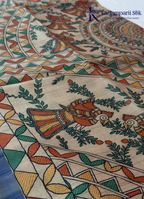 Kadamparii Silk dusty blue semi tussar silk saree with floral printed mundhi and multicolour border, displayed on a white background.