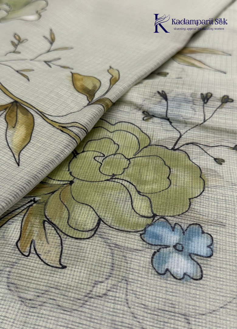 Serene Canopy Misty Sage Green Watercolor Floral Silk Saree