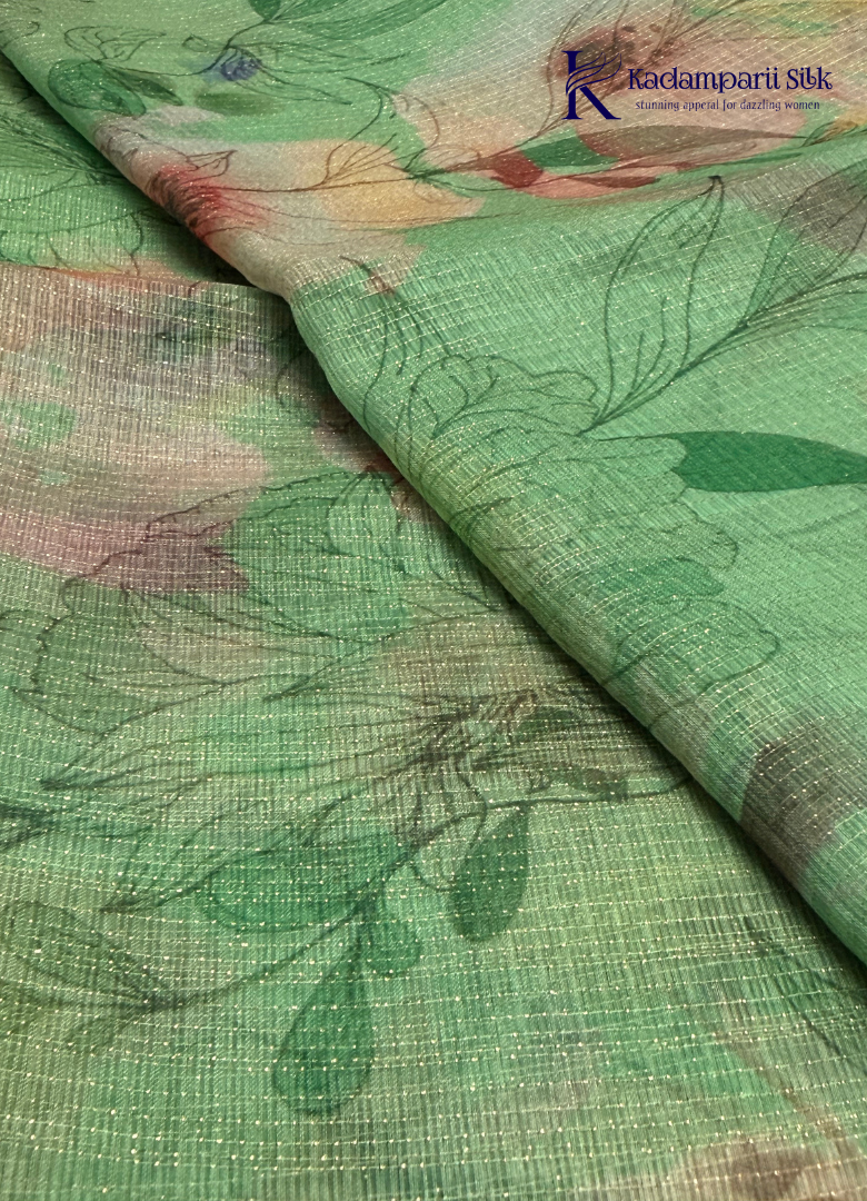 Enchanted Garden Emerald Sage Green Digital Floral Organza Saree