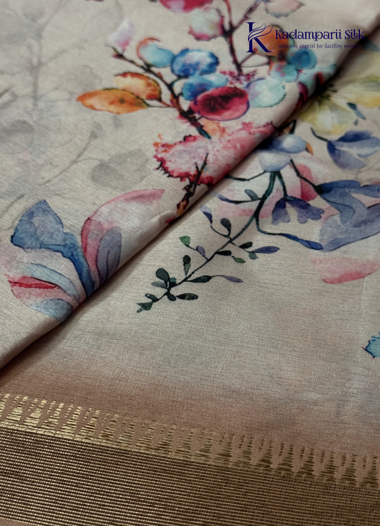 Kadamparii Silk cream soft tussar silk saree with floral digital print and contrast border, displayed on a white background.