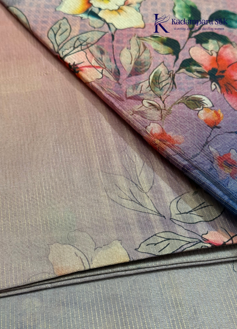 Dusty Rose Floral Digital Print Semi Tussar Silk Saree with Ombre Blue Pallu & Tassels