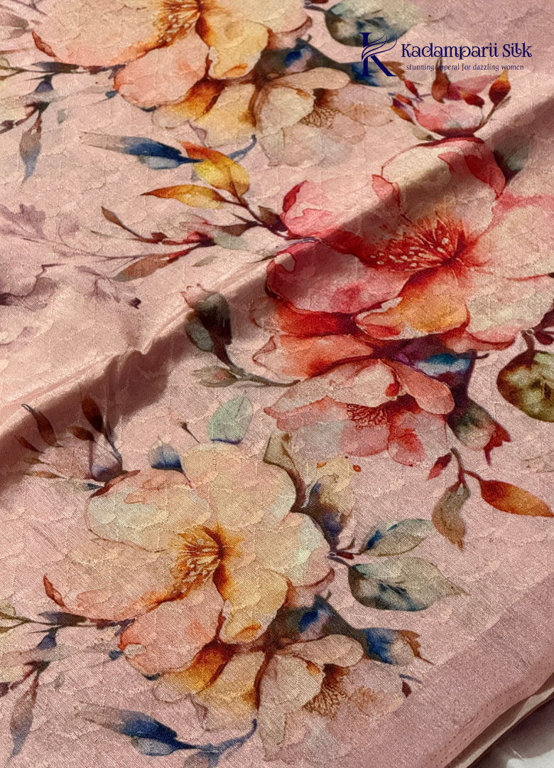 Soft Tussar Silk Saree with Watercolor Floral Digital Print