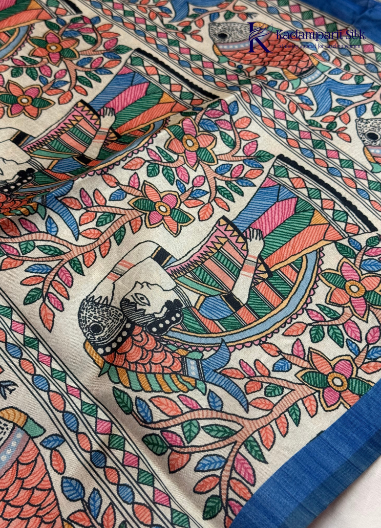 Royal Blue Semi Tussar Silk Saree with Multicolour Kalamkari-Inspired Printed Pallu