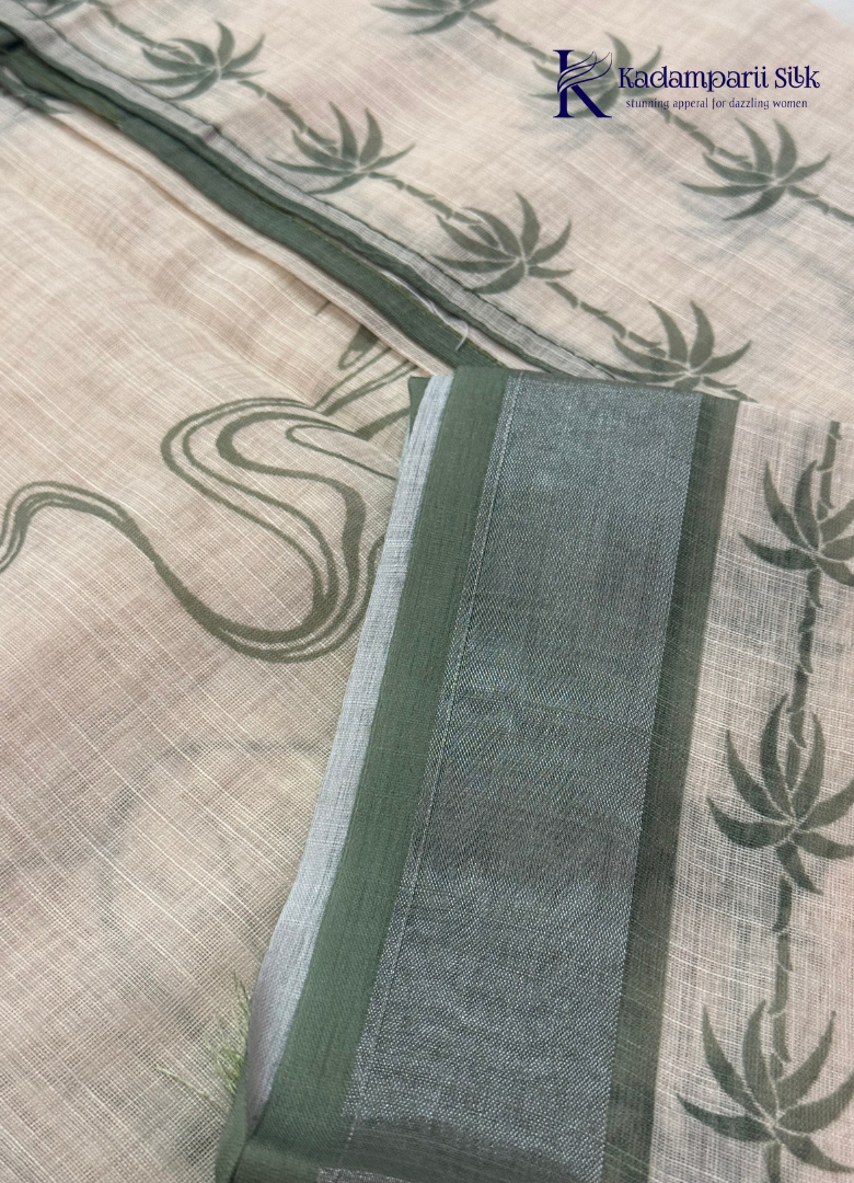 Off-White Botanical Printed Salwar Material with Scallop Embroidered Neck Design